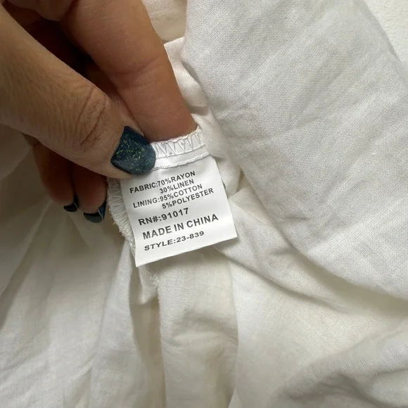 SOLITAIRE White Linen Blend Button Front Dress Embroidered Puff Sleeve Belted - Picture 6 of 9